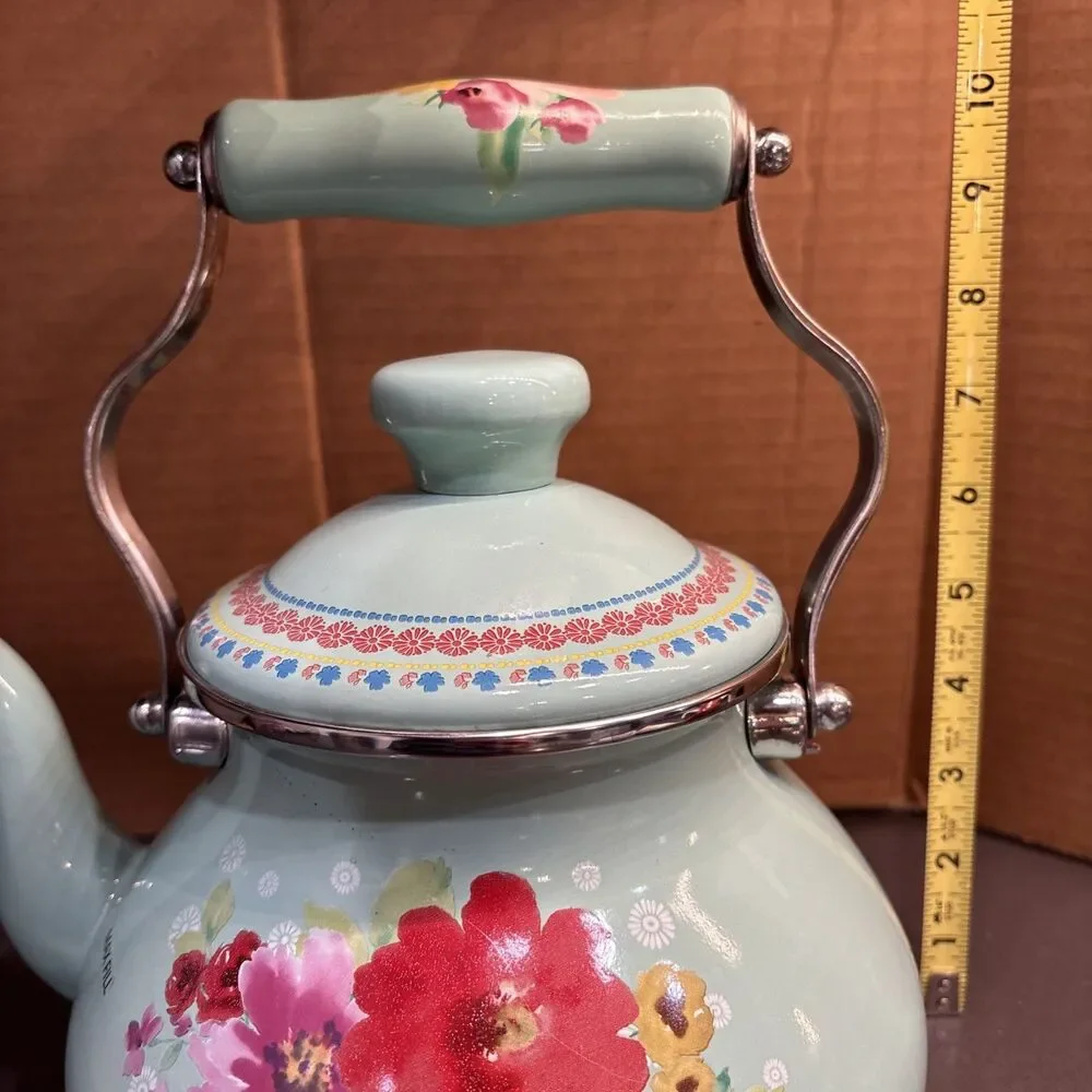 Teapot Pioneer Woman Breezy Blossom Enamel Steel 1.9 Qt Stovetop Tea Kettle - Picture 16 of 16